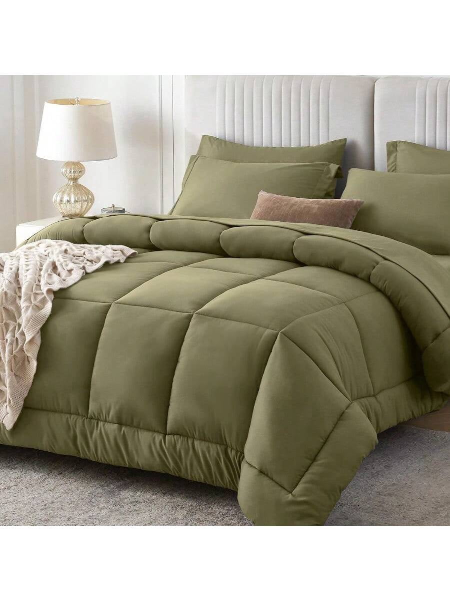 Queen Comforter Set 7 Pieces Bed In A Bag Queen Complete Bedding Set Includes Comforter Flat Sheet Fitted Sheet Pillowcases And Pillow Shams Olive