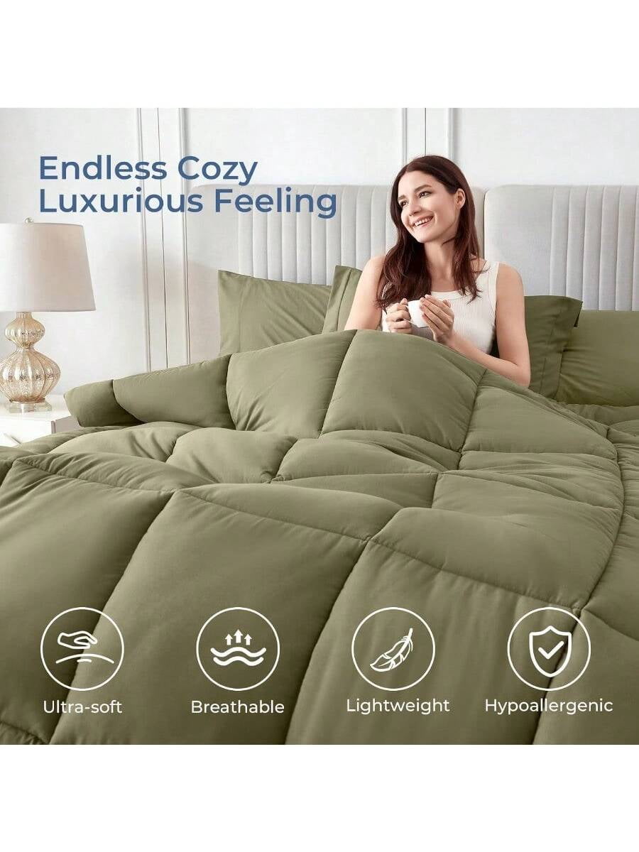 Queen Comforter Set 7 Pieces Bed In A Bag Queen Complete Bedding Set Includes Comforter Flat Sheet Fitted Sheet Pillowcases And Pillow Shams Olive