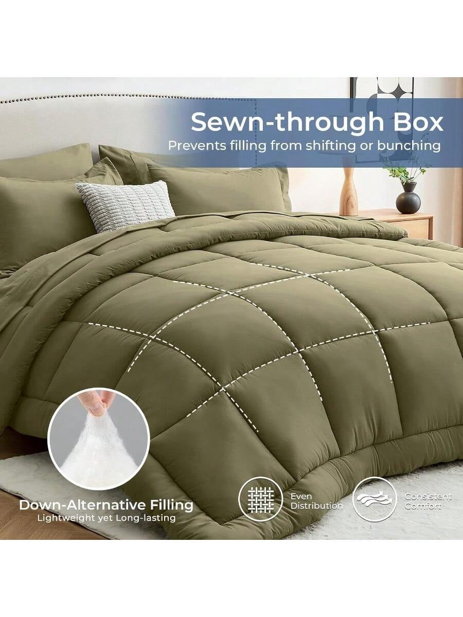 Queen Comforter Set 7 Pieces Bed In A Bag Queen Complete Bedding Set Includes Comforter Flat Sheet Fitted Sheet Pillowcases And Pillow Shams Olive