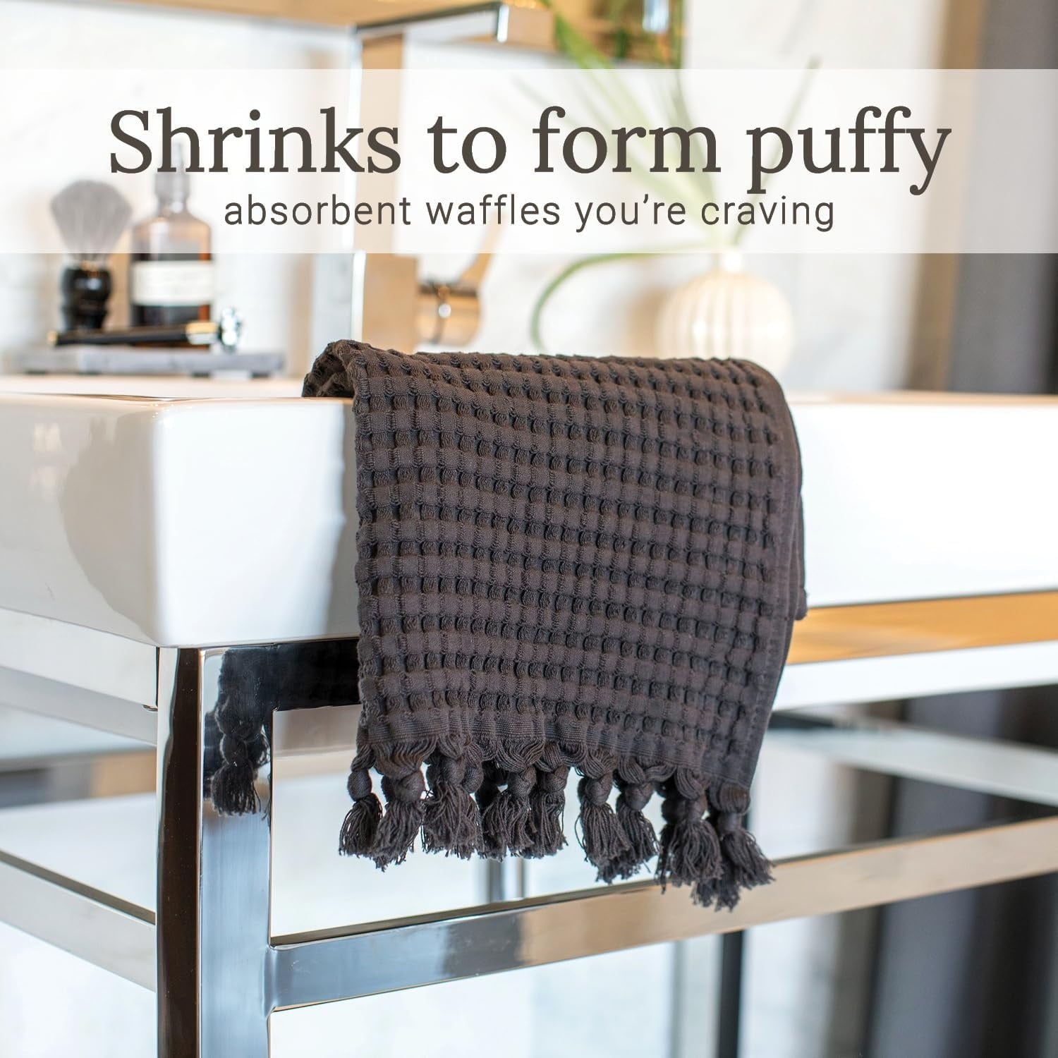 Decorative Waffle Hand Towels for Bathroom, 20x35 Large, Quick Drying Fingertip Towel, 2 Pack, Modern Style (Faded Black)