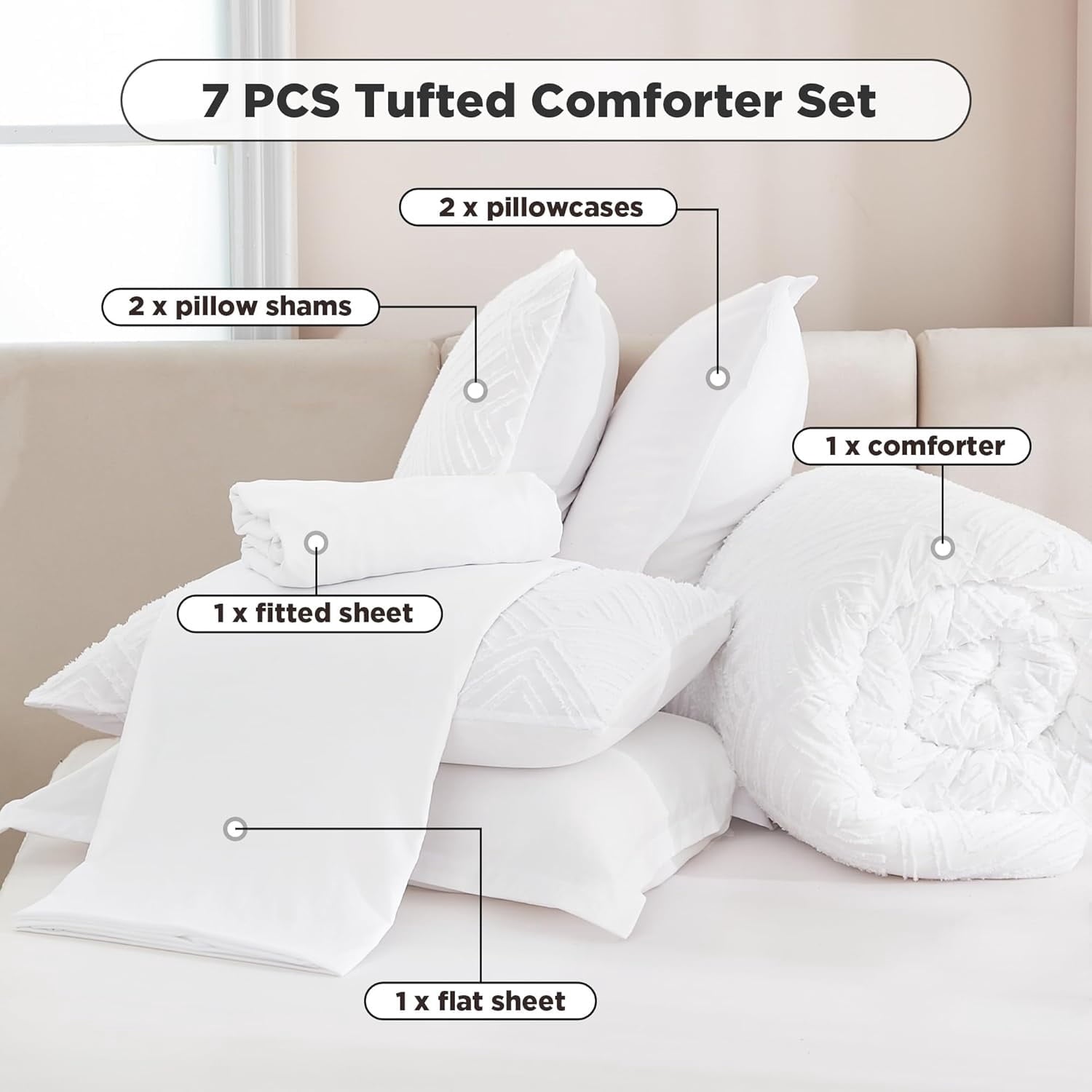 7 Pieces   Bed in a Bag Tufted Bedding Sets Lightweight All Season Bed Set with Comforter, Sheets, Pillowcases &amp; Shams