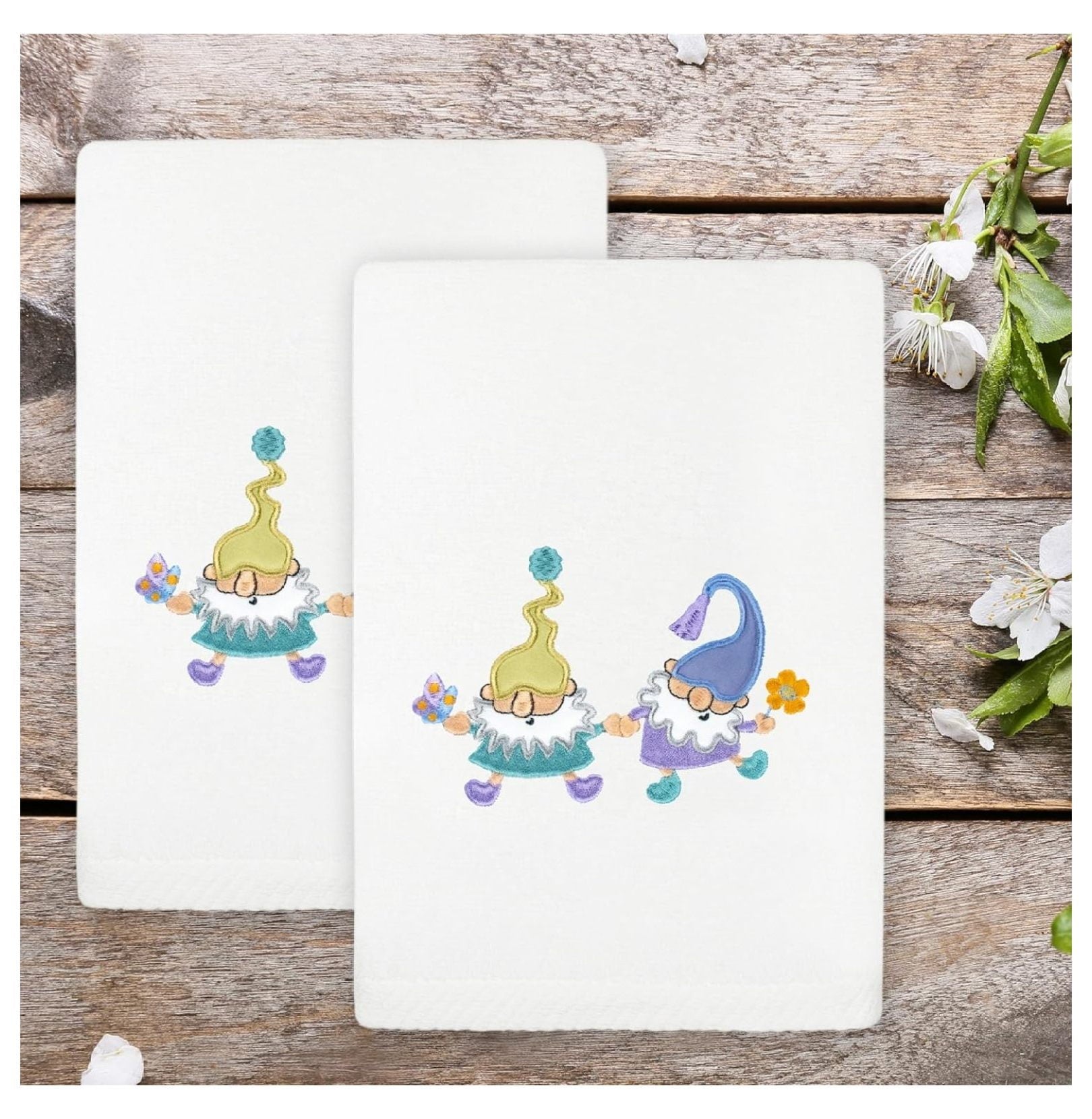 Spring Fling Embroidered 2-Piece Hand Towel Set, Premium Turkish Cotton, Soft &amp; Absorbent, White, Ideal for Bathroom Elegance &amp; Spring Gifts