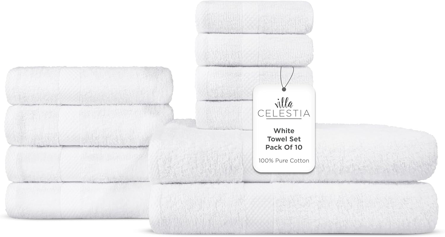 100% Combed Cotton Bathroom Towel Set of 10-2 Bath Towels, 4 Hand Towels, 4 Wash Cloths, Sustainable, Soft, Highly Absorbent 10 Piece Cotton Bath Towel Set Ideal for Hotels, Spa, Bathroom, Dorm, White