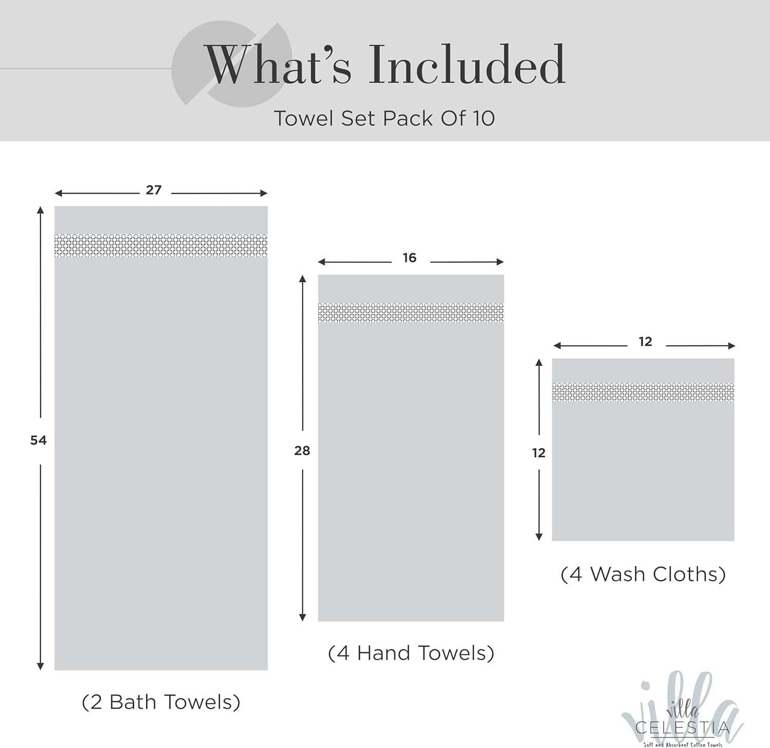 100% Combed Cotton Bathroom Towel Set of 10-2 Bath Towels, 4 Hand Towels, 4 Wash Cloths, Sustainable, Soft, Highly Absorbent 10 Piece Cotton Bath Towel Set Ideal for Hotels, Spa, Bathroom, Dorm, White