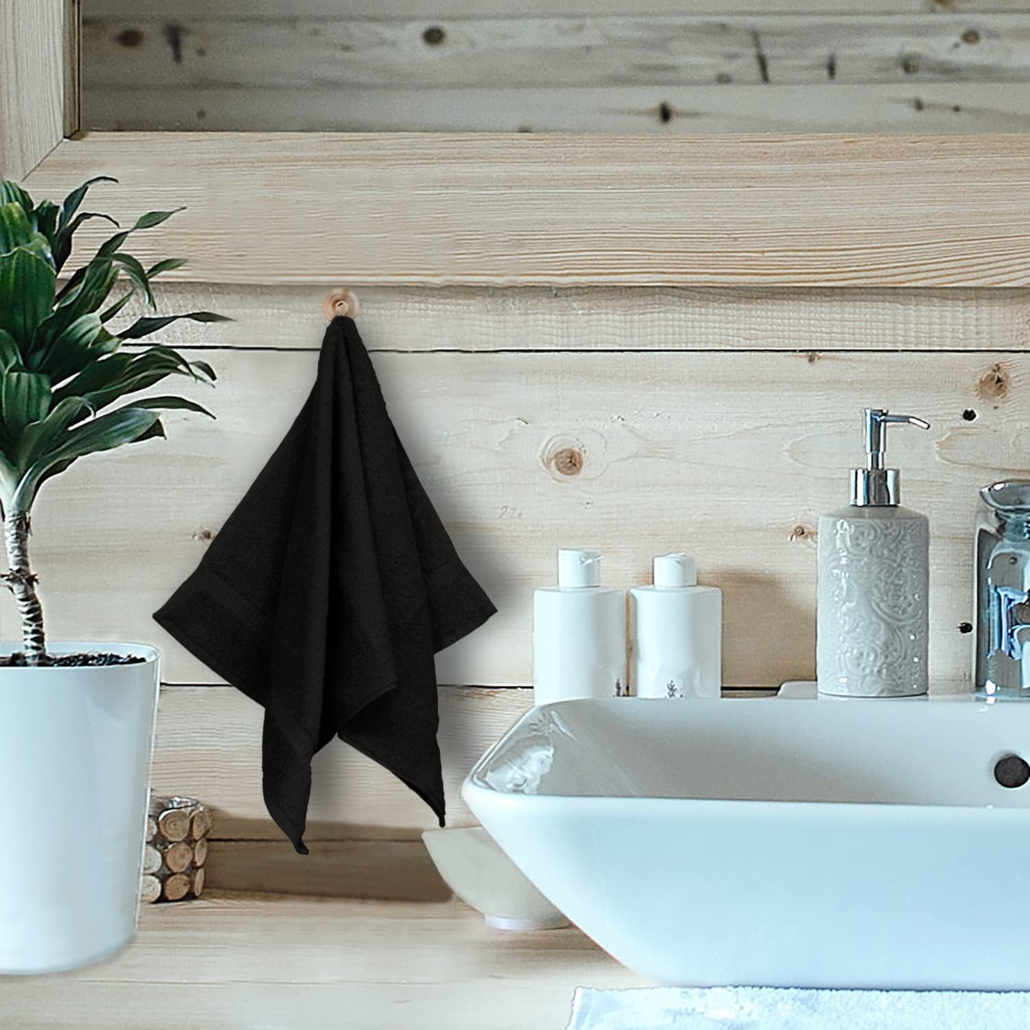 Hand Towel, 16 x 30 Inches Set of 2, Gift- Letter Embroidered with Square Design on Black Towel - Extra Absorbent - 100% Turkish Cotton - Soft Finish - Initial E