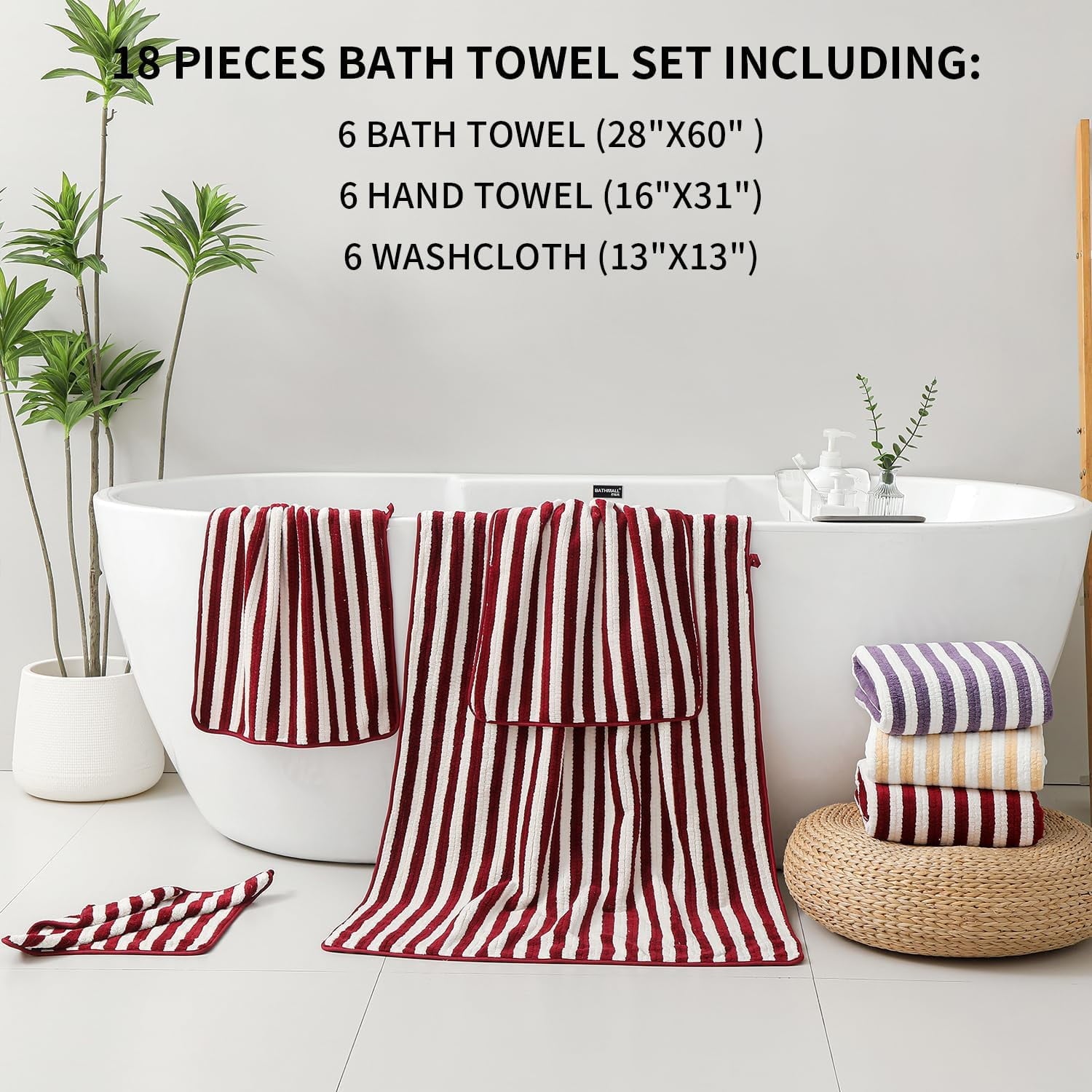 18-Piece Microfiber Bath Towels Set - 6 Bath Sheet, 6 Hand Towels, 6 Washcloths, Soft, Highly Absorbent Bathroom Towel, Quick Dry &amp; Less Lint Shower towel for Bathroom, Hotel, Spa, Dorm-Dark Purple