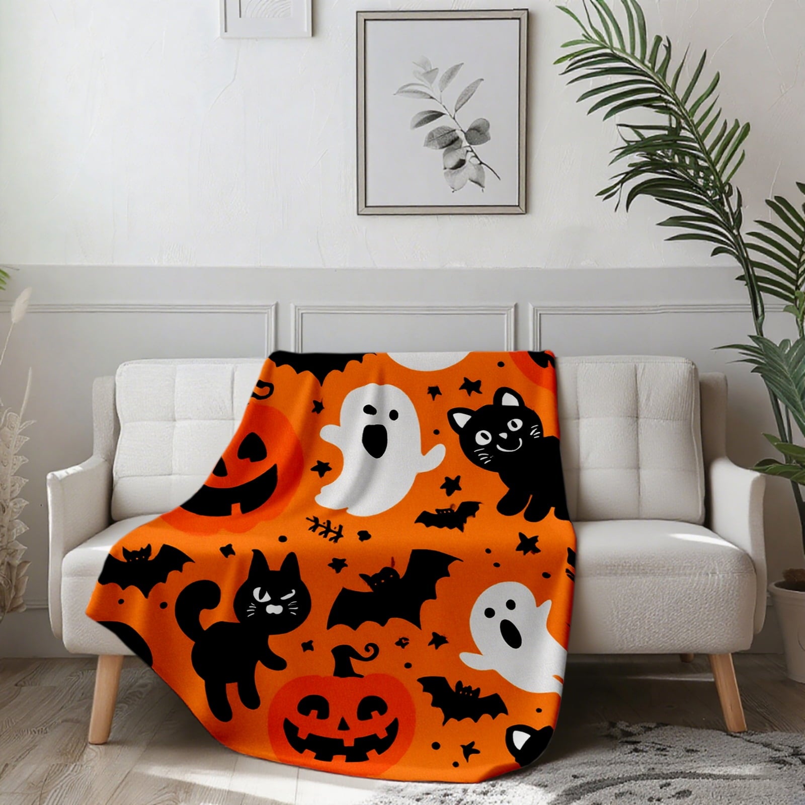 Halloween 300GMS Flannel Blanket, Orange with Pumpkins Ghosts Bats Cats Pattern, Soft Cozy Throw for Couch Naps Outdoor Use, Great Gift for Family, All Seasons Lightweight Decorative Blanket