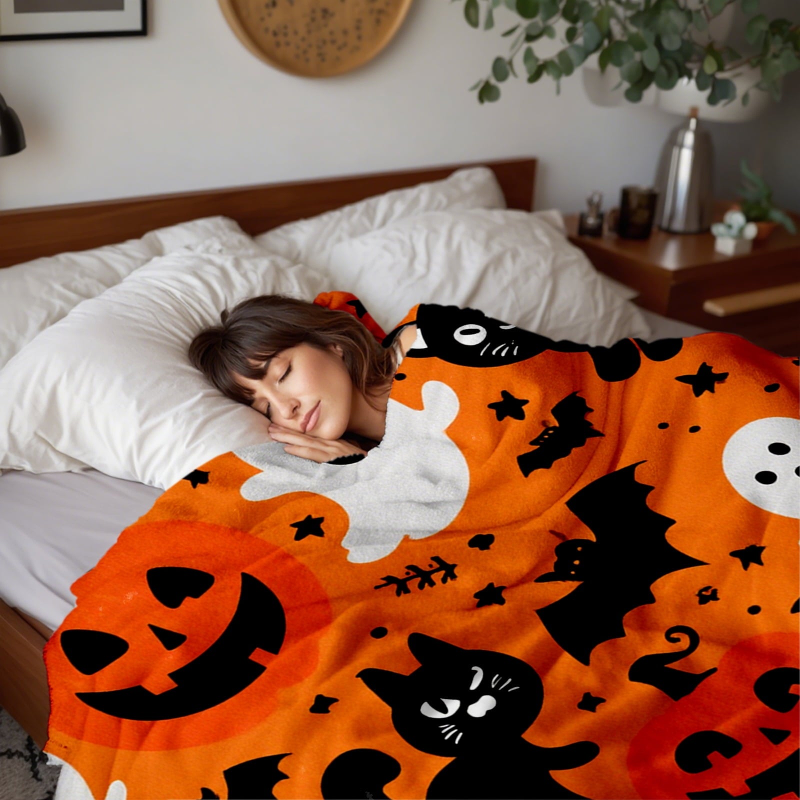 Halloween 300GMS Flannel Blanket, Orange with Pumpkins Ghosts Bats Cats Pattern, Soft Cozy Throw for Couch Naps Outdoor Use, Great Gift for Family, All Seasons Lightweight Decorative Blanket