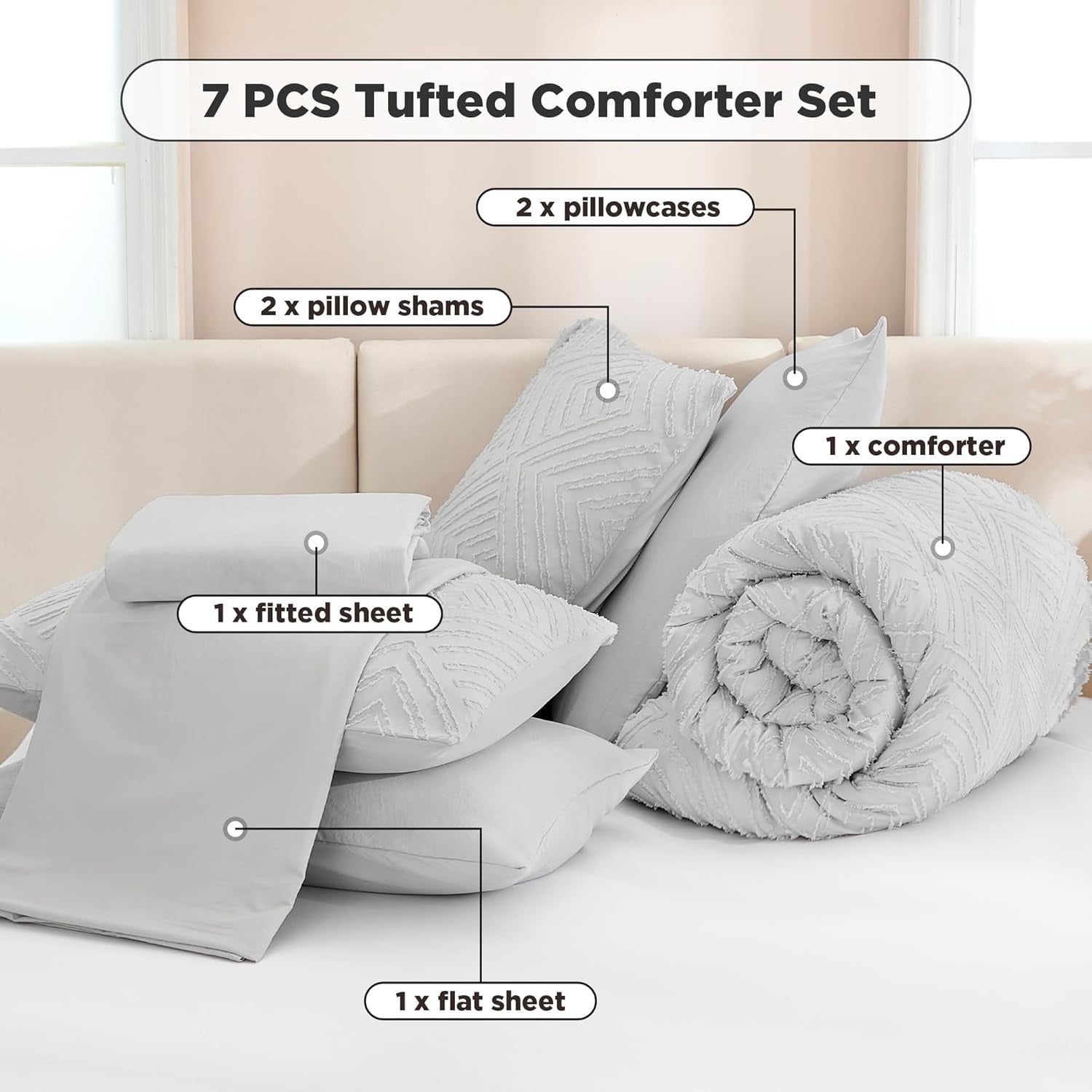 7 Pieces Bed in a Bag Tufted Bedding Sets Lightweight All Season Bed Set with Comforter, Sheets, Pillowcases &amp; Shams
