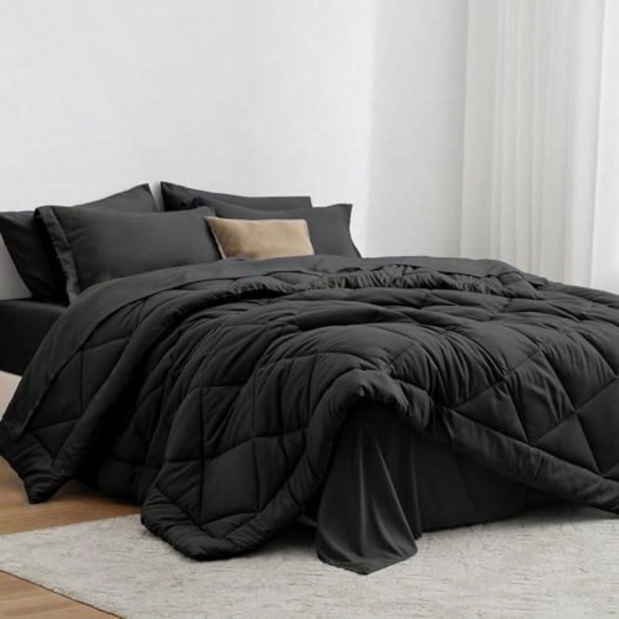 King Size Comforter Set Black 7 Pieces King Bed in a Bag All Season Bedding Sets with 1 Comforter 1 Flat Sheet 1 Fitted Sheet 2 Pillowcase and 2 Pillow Sham