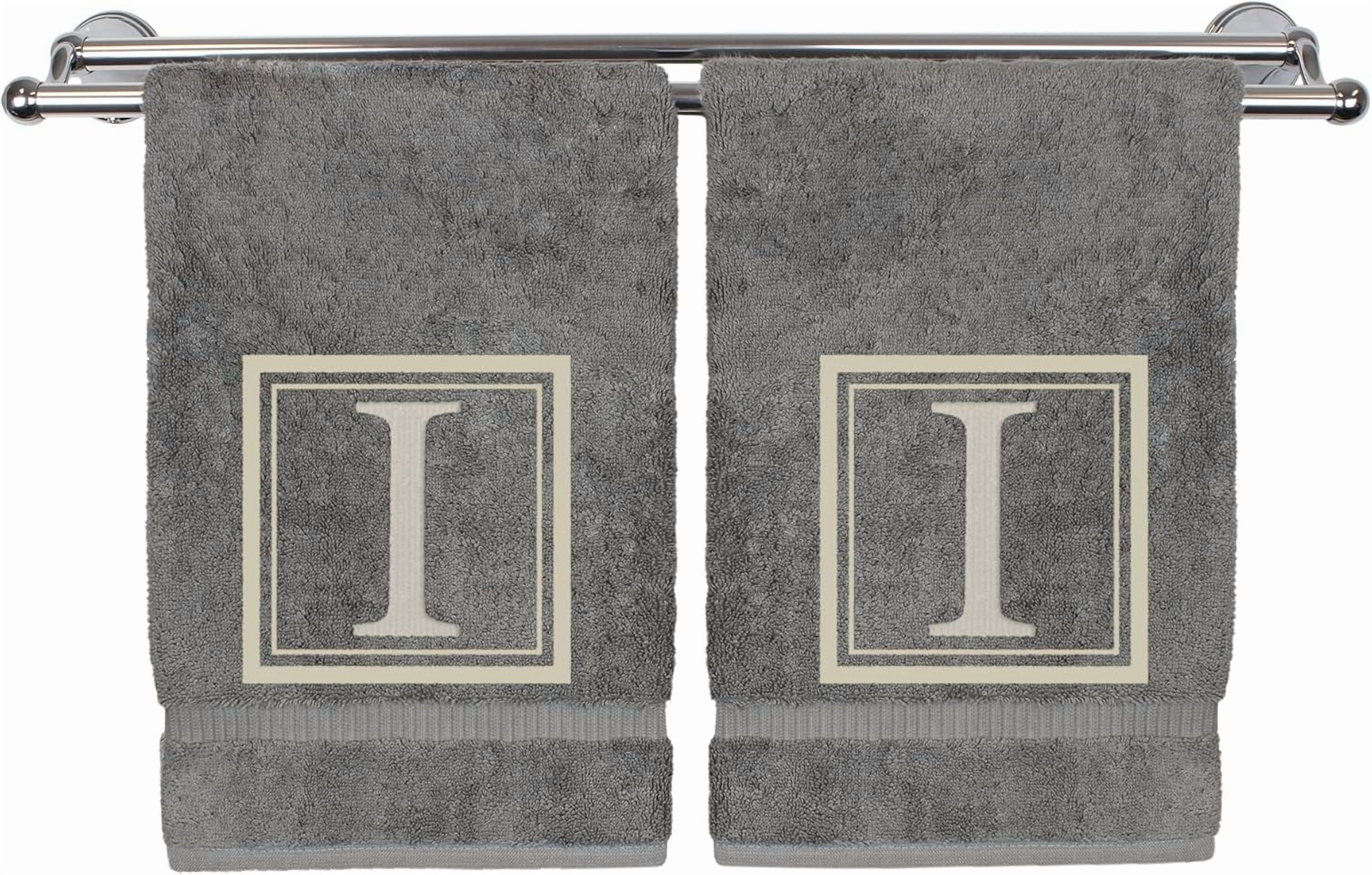 Hand Towel, 16 x 30 Inches Set of 2, Gift- Silver Letter Embroidered with Square Design on Gray Towel - Extra Absorbent - 100% Turkish Cotton - Soft Finish - Initial I
