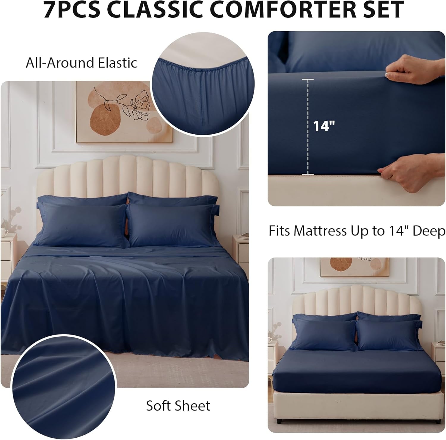 Queen Comforter Set Navy - 7 Piece Bed in a Bag with Soft Sheets &amp; Pillowcases for All Seasons