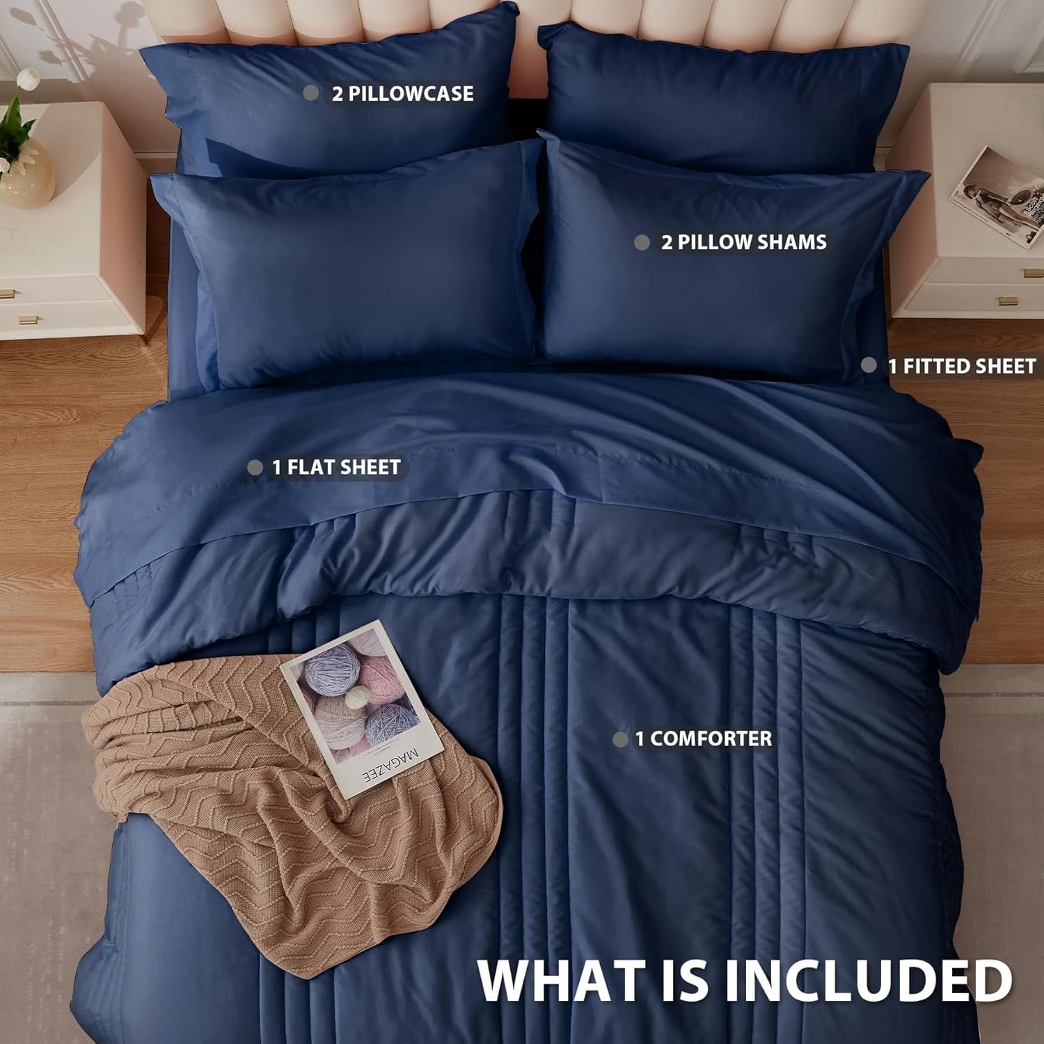 Queen Comforter Set Navy - 7 Piece Bed in a Bag with Soft Sheets &amp; Pillowcases for All Seasons