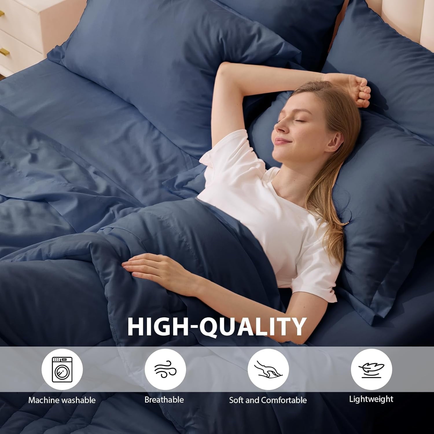 Queen Comforter Set Navy - 7 Piece Bed in a Bag with Soft Sheets &amp; Pillowcases for All Seasons