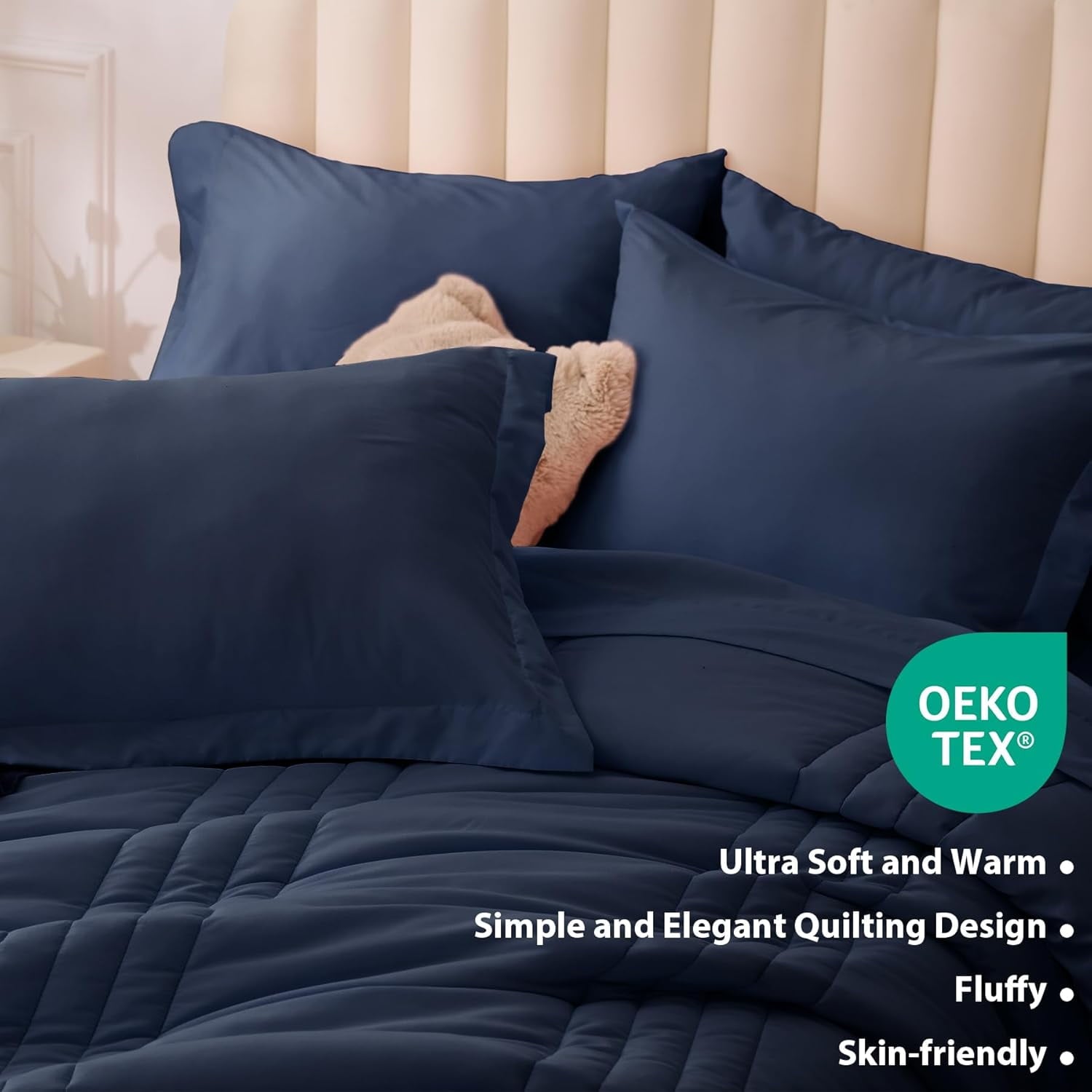 Queen Comforter Set Navy - 7 Piece Bed in a Bag with Soft Sheets &amp; Pillowcases for All Seasons