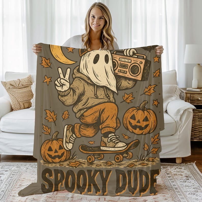 Halloween Ghost Skateboard Blanket, Spooky Dude Fall Throw, Retro Boombox Pumpkin Blanket, Halloween Gift For Teens, Skater Decor, Cozy Throw Blanket