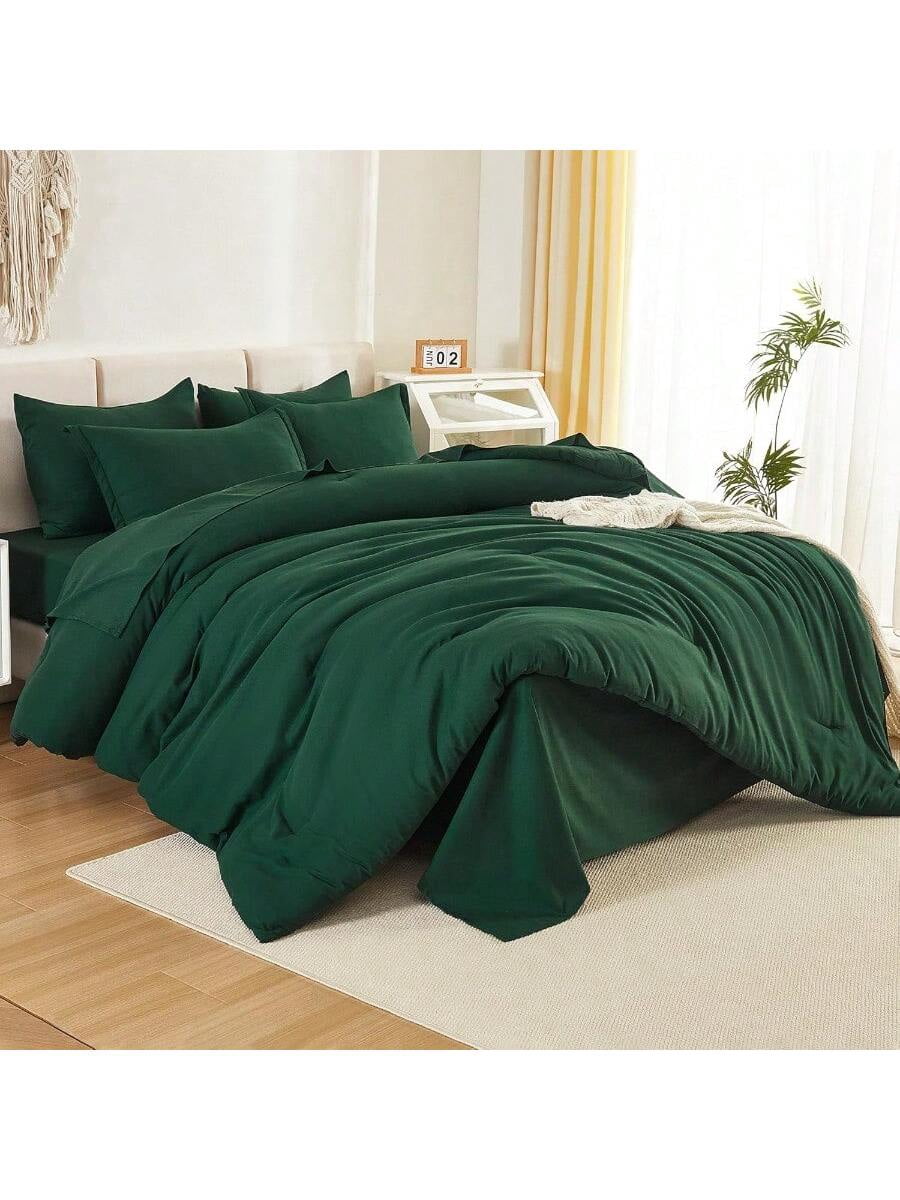 King Size Comforter Set Dark Emerald Green 7 Pieces Bed In A Bag King Bedding Comforter Sets Solid Lightweight Bed Set With Comforter Sheets Pillowcases Shams