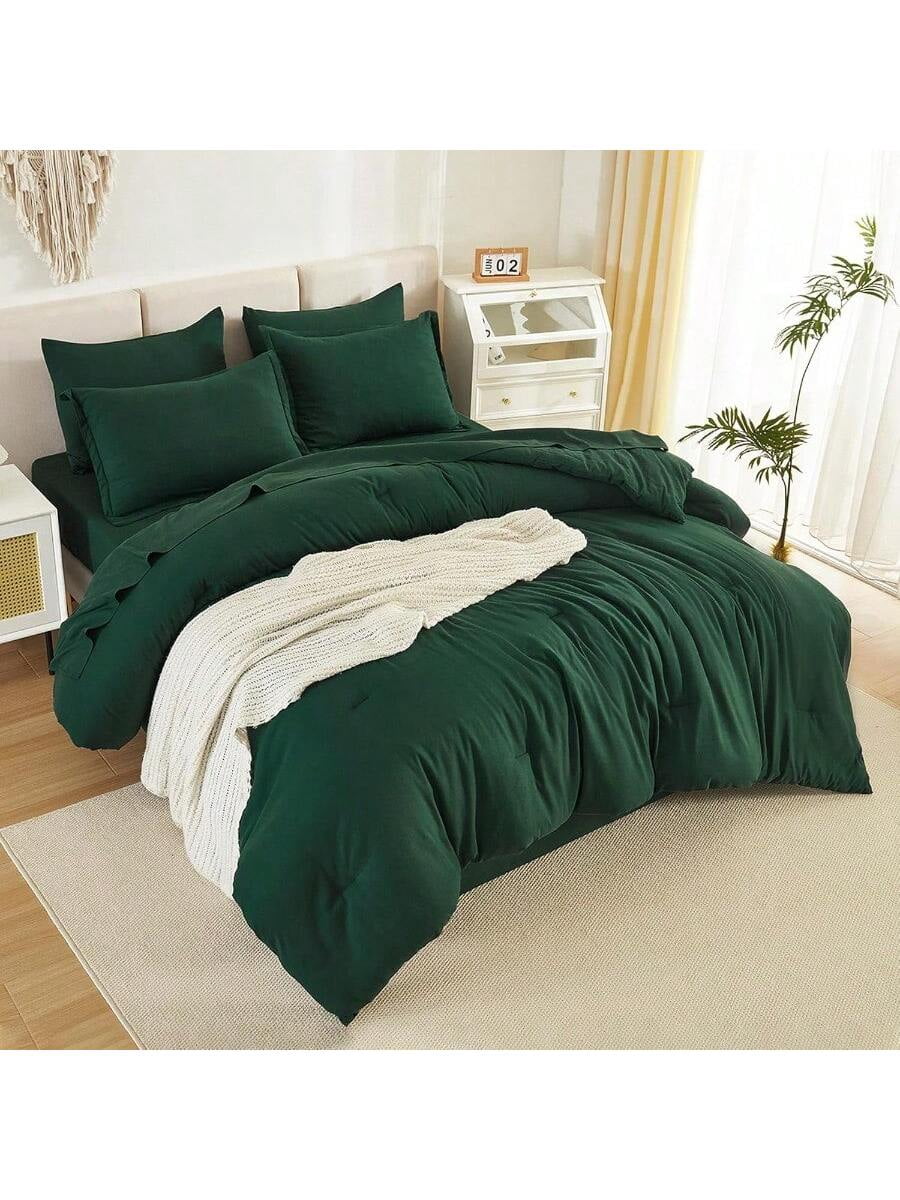 King Size Comforter Set Dark Emerald Green 7 Pieces Bed In A Bag King Bedding Comforter Sets Solid Lightweight Bed Set With Comforter Sheets Pillowcases Shams