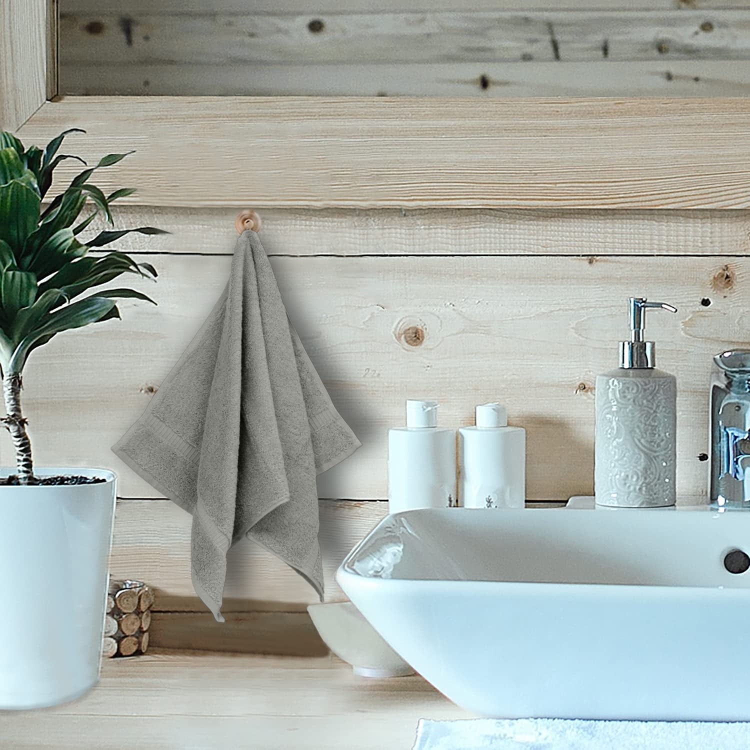 Hand Towel, 16 x 30 Inches Set of 2, Gift- Silver Letter Embroidered with Square Design on Gray Towel - Extra Absorbent - 100% Turkish Cotton - Soft Finish - Initial K