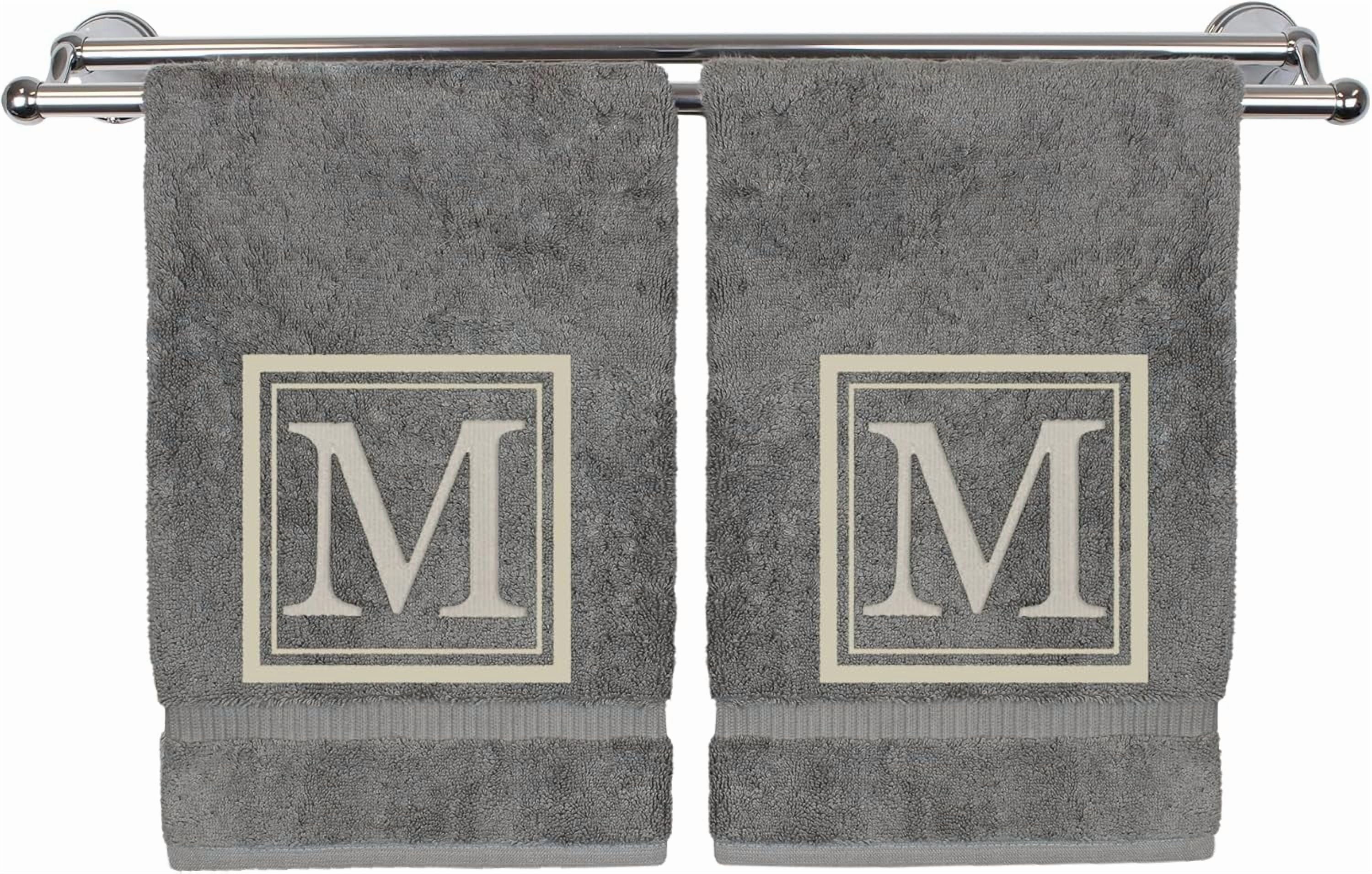 Hand Towel, 16 x 30 Inches Set of 2, Gift- Silver Letter Embroidered with Square Design on Gray Towel - Extra Absorbent - 100% Turkish Cotton - Soft Finish - Initial M