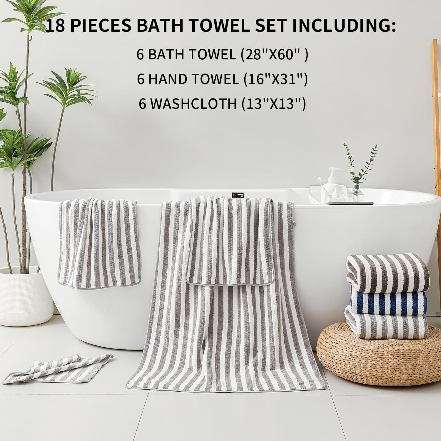 18-Piece Microfiber Bath Towels Set - 6 Bath Sheet, 6 Hand Towels, 6 Washcloths, Soft, Highly Absorbent Bathroom Towel, Quick Dry &amp; Less Lint Shower towel for Bathroom, Hotel, Spa, Dorm-Light Grey