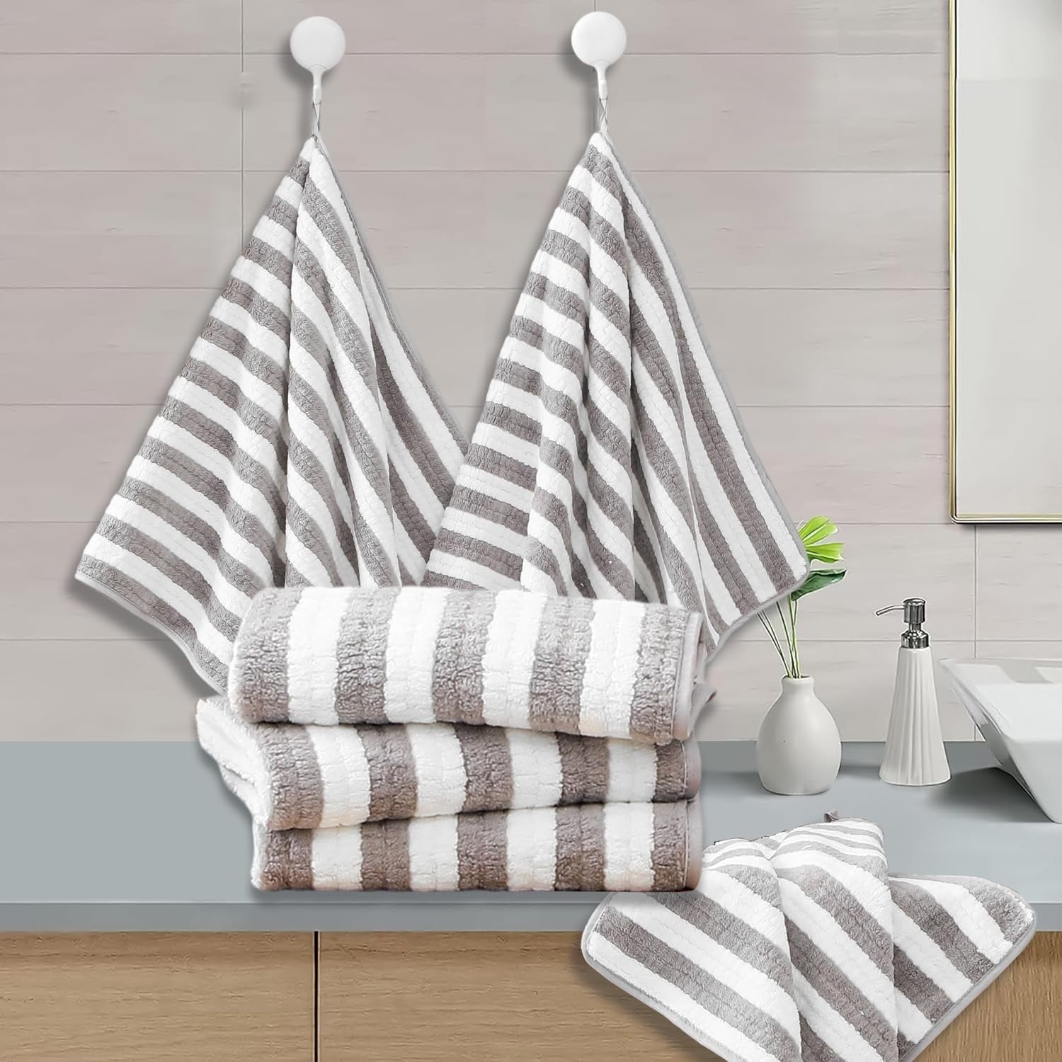 18-Piece Microfiber Bath Towels Set - 6 Bath Sheet, 6 Hand Towels, 6 Washcloths, Soft, Highly Absorbent Bathroom Towel, Quick Dry &amp; Less Lint Shower towel for Bathroom, Hotel, Spa, Dorm-Light Grey