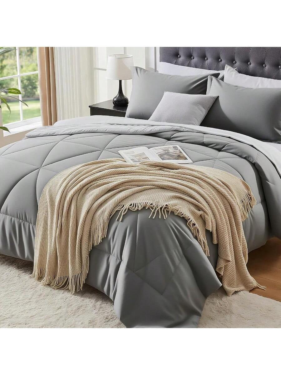 Queen Comforter Set 7 Pieces Bed In A Bag Soft Microfiber Reversible Grey Bed Set With Comforters Sheets Pillowcases Shams Cozy Luxury Bedding Sets For All Season