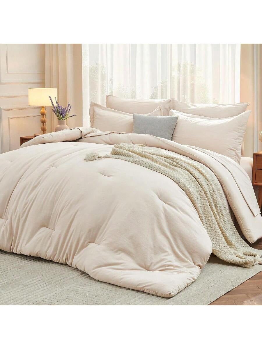 7 Pieces King Comforter Set Soft Bed In A Bag King Size All Season Bedding Set With Comforter Flat Sheet Fitted Sheet Pillowcases Shams Beige