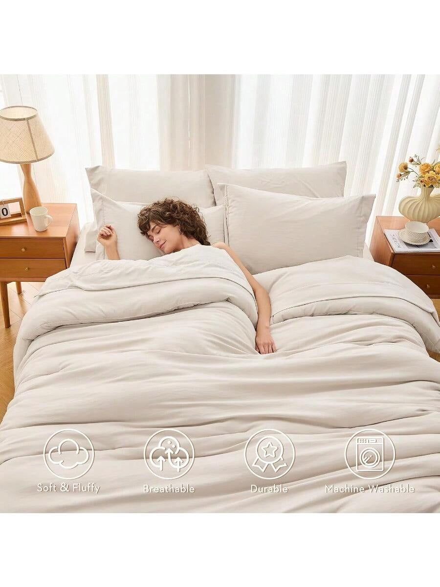 7 Pieces King Comforter Set Soft Bed In A Bag King Size All Season Bedding Set With Comforter Flat Sheet Fitted Sheet Pillowcases Shams Beige