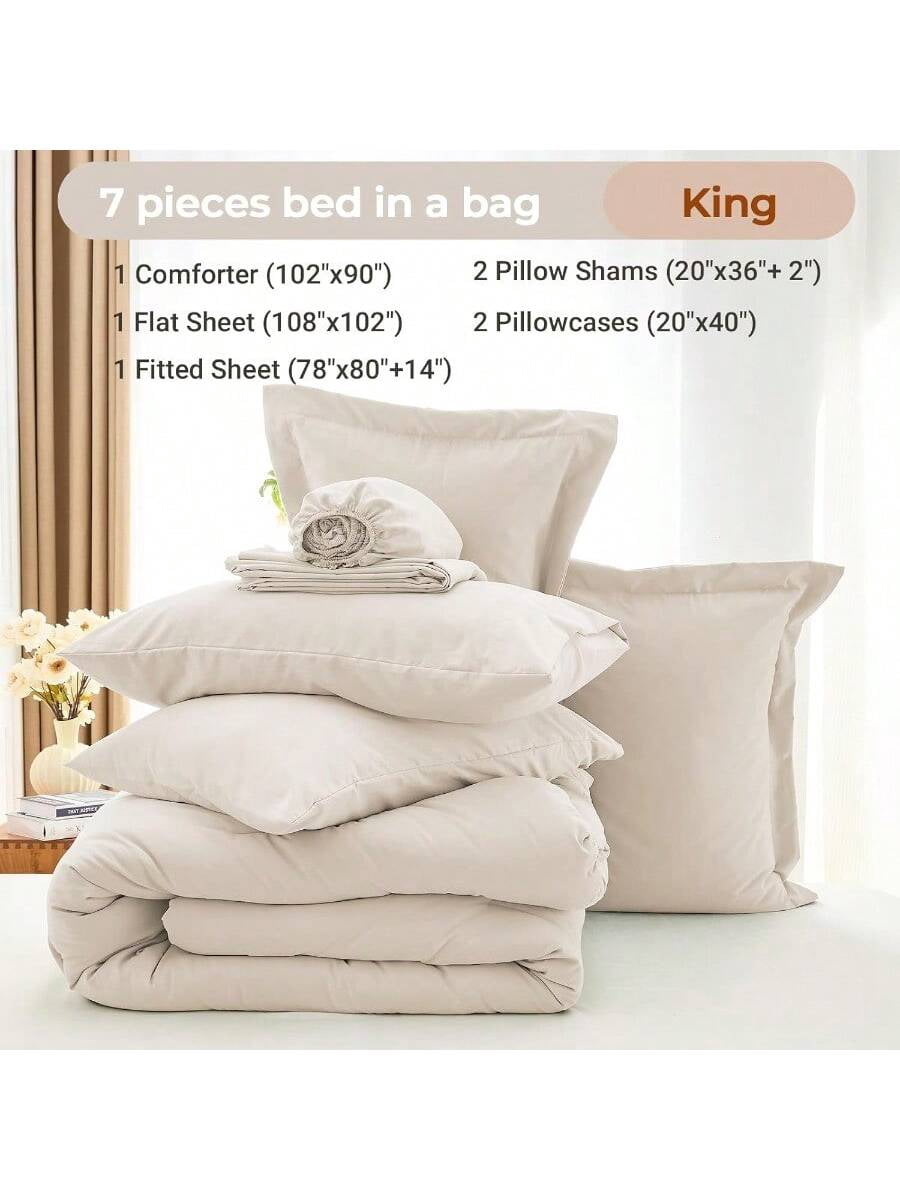 7 Pieces King Comforter Set Soft Bed In A Bag King Size All Season Bedding Set With Comforter Flat Sheet Fitted Sheet Pillowcases Shams Beige