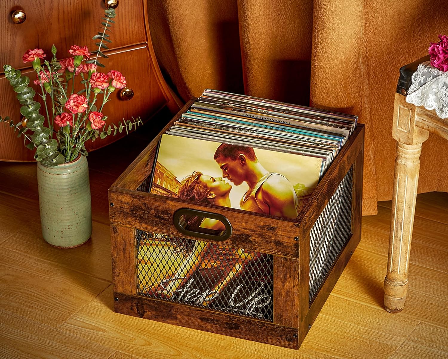 Vinyl Record Storage Crate Wooden Record Holder, Classic Cube Record Organizer Storage 100+ Records, Brown Color Vinyl Record Holder for Albums Super Easy to Assemble…