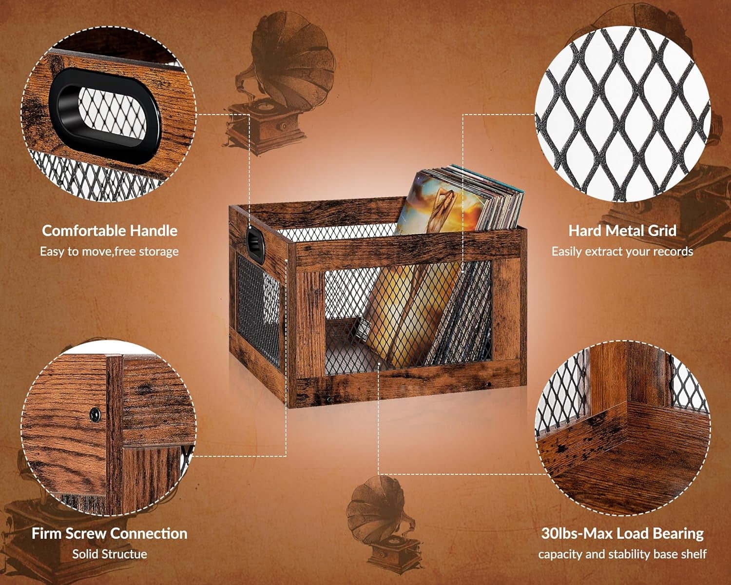 Vinyl Record Storage Crate Wooden Record Holder, Classic Cube Record Organizer Storage 100+ Records, Brown Color Vinyl Record Holder for Albums Super Easy to Assemble…