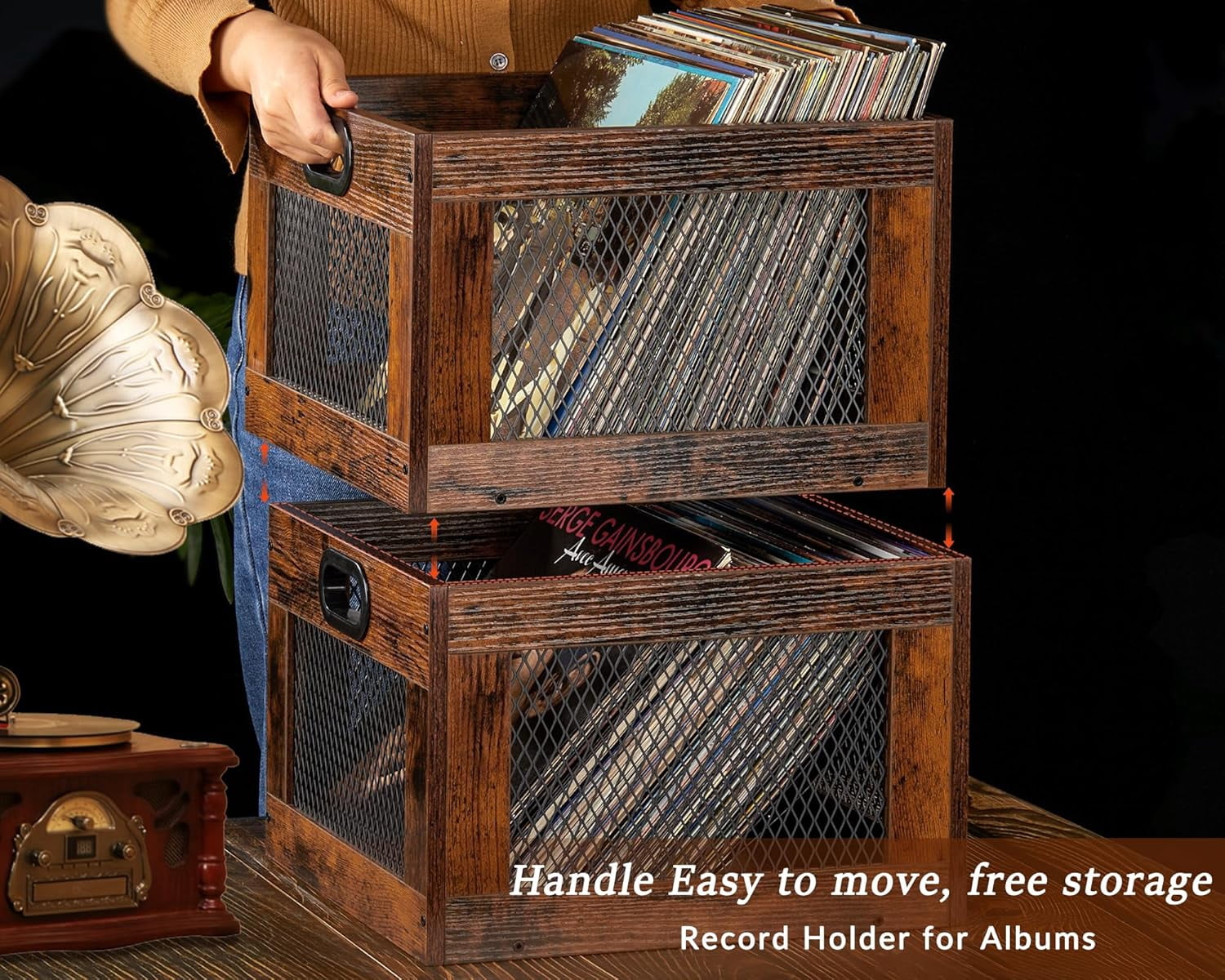 Vinyl Record Storage Crate Wooden Record Holder, Classic Cube Record Organizer Storage 100+ Records, Brown Color Vinyl Record Holder for Albums Super Easy to Assemble…