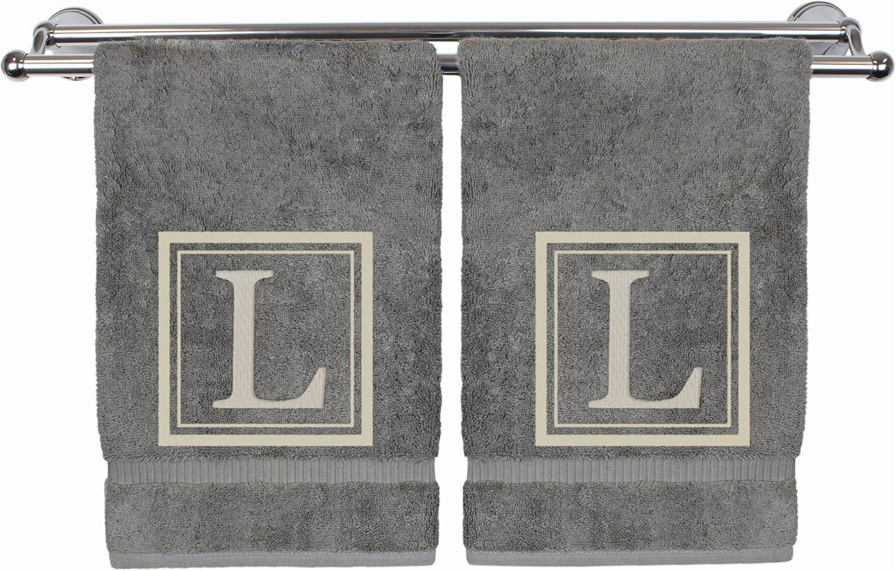 Hand Towel, 16 x 30 Inches Set of 2, Gift- Silver Letter Embroidered with Square Design on Gray Towel - Extra Absorbent - 100% Turkish Cotton - Soft Finish - Initial L