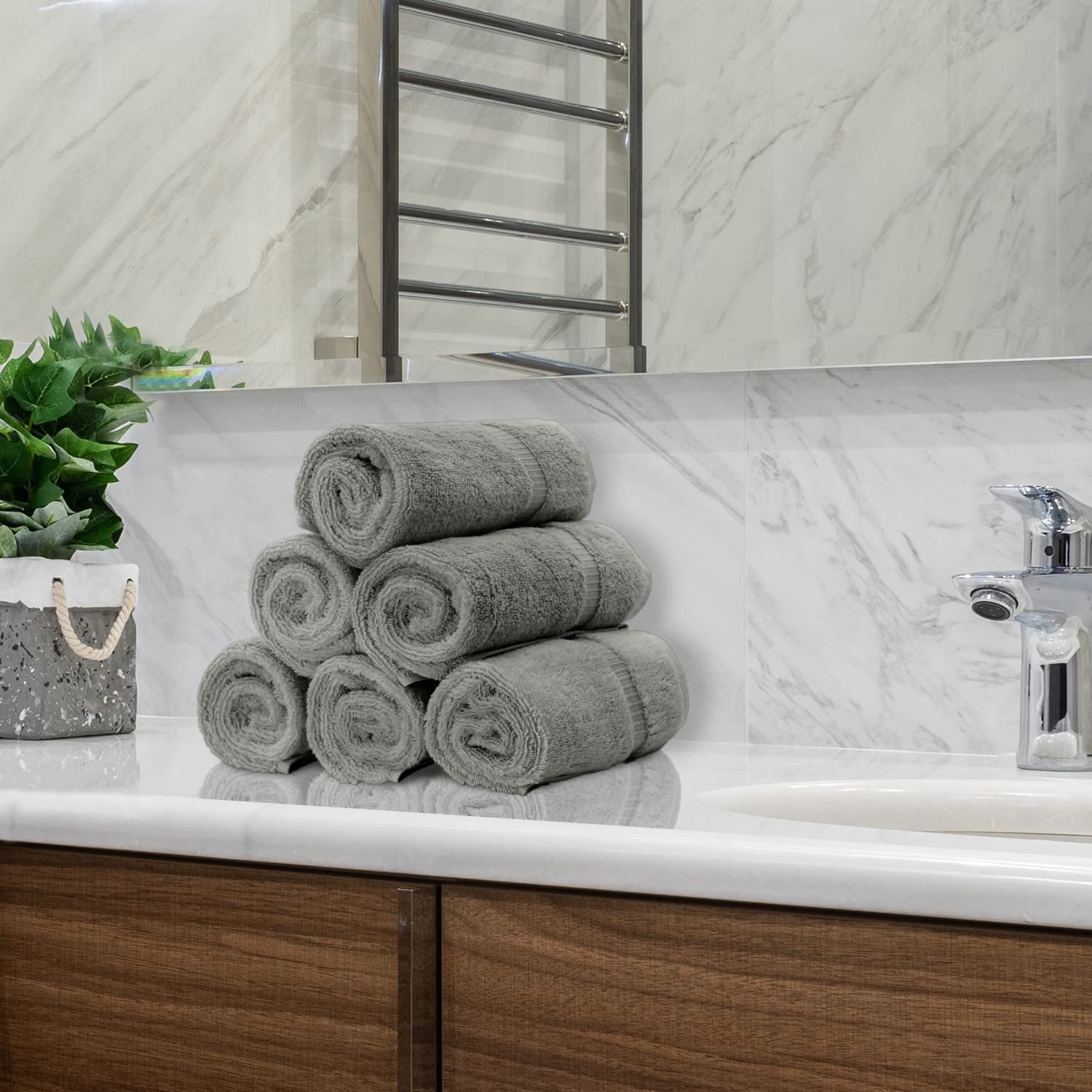 Hand Towel, 16 x 30 Inches Set of 2, Gift- Silver Letter Embroidered with Square Design on Gray Towel - Extra Absorbent - 100% Turkish Cotton - Soft Finish - Initial L