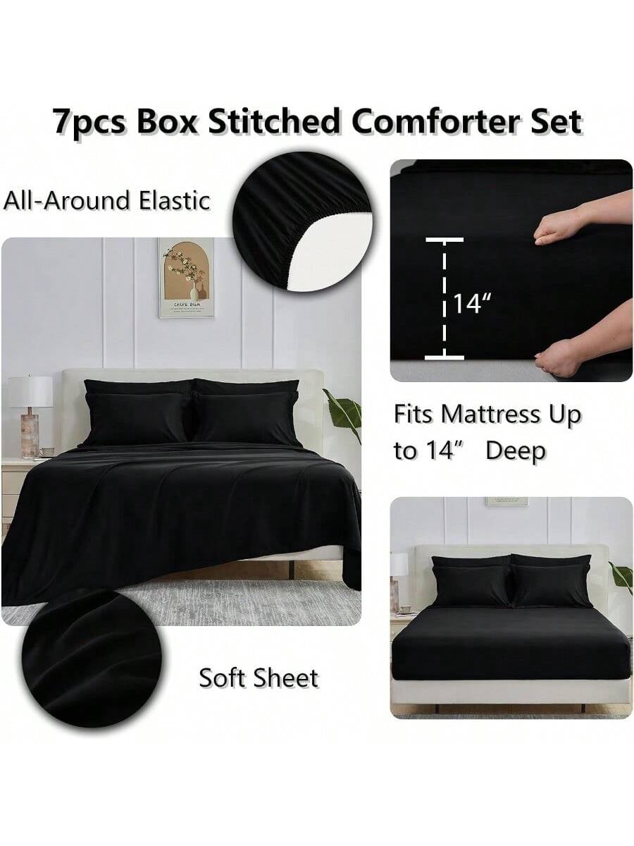 Black King Size Comforter Set With Sheets 7 Pieces Bed In A Bag King Bedding Sets Bed Set For All Season With Black Comforter Flat Sheet Fitted Sheet Pillowcases Pillow Shams