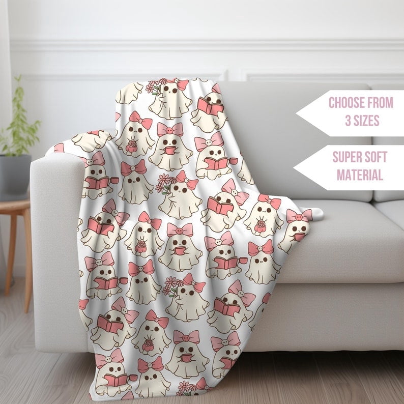 Ghost Reading Book Halloween Blanket, Teacher Coquette Halloween Blanket, Cute Ghosts, Girly Halloween, Cozy Fall Bedding, Dorm Room Decor