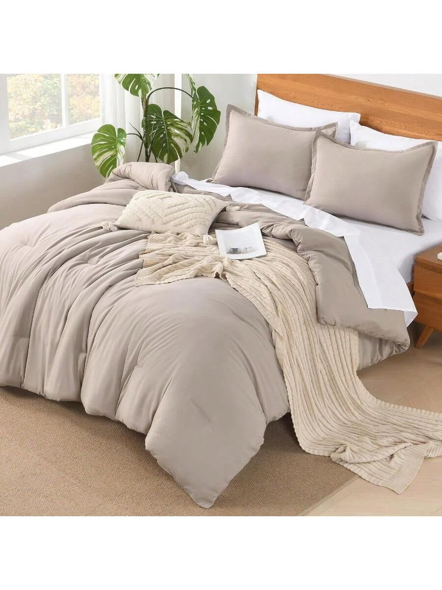 King Size Comforter Set 7 Pieces Bed In A Bag King Bedding Comforter Sets Oatmeal Winter Solid Soft Lightweight Comforter With Fitted Sheets Flat Sheets Pillowcases Shams