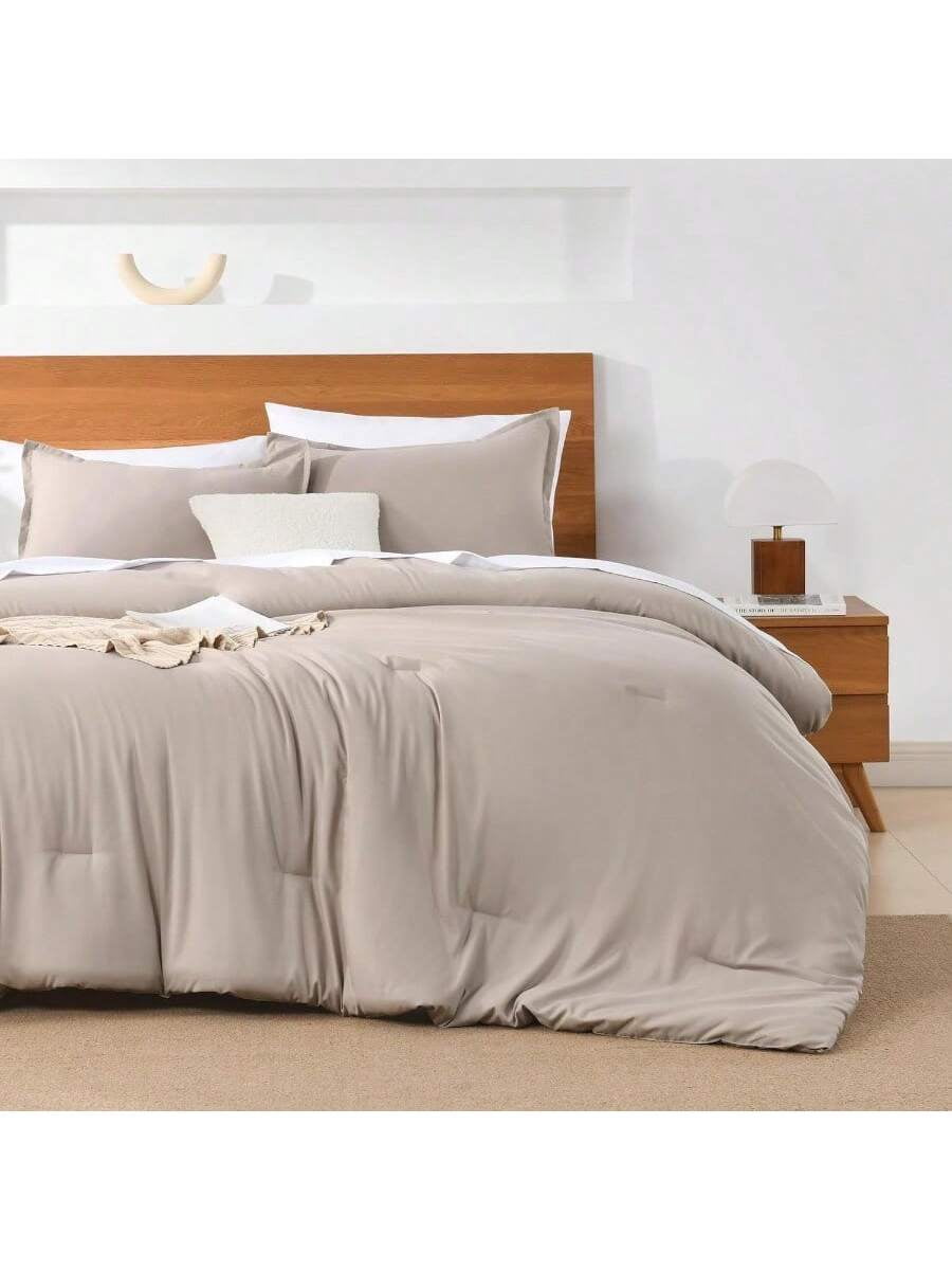 King Size Comforter Set 7 Pieces Bed In A Bag King Bedding Comforter Sets Oatmeal Winter Solid Soft Lightweight Comforter With Fitted Sheets Flat Sheets Pillowcases Shams
