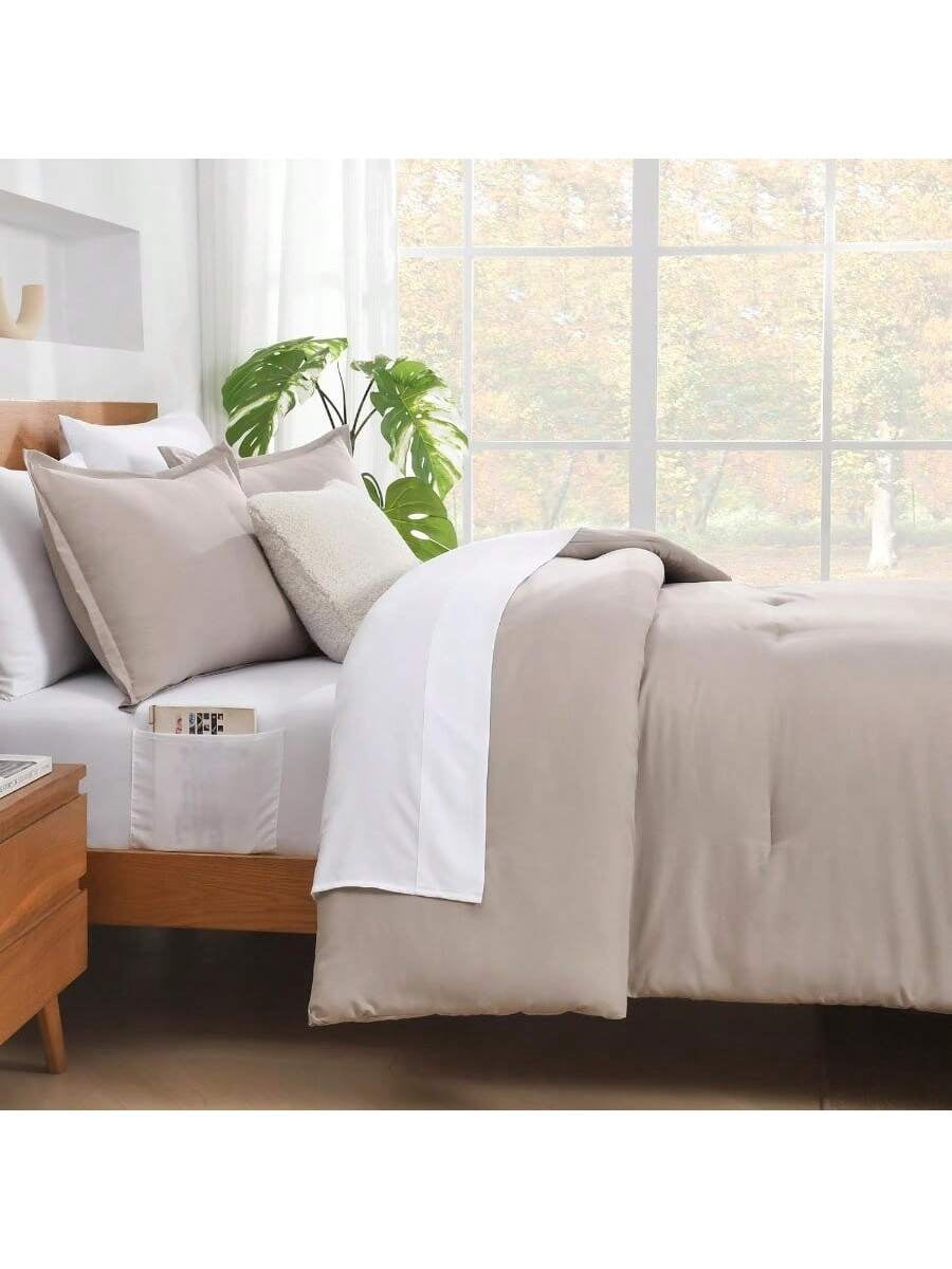 King Size Comforter Set 7 Pieces Bed In A Bag King Bedding Comforter Sets Oatmeal Winter Solid Soft Lightweight Comforter With Fitted Sheets Flat Sheets Pillowcases Shams