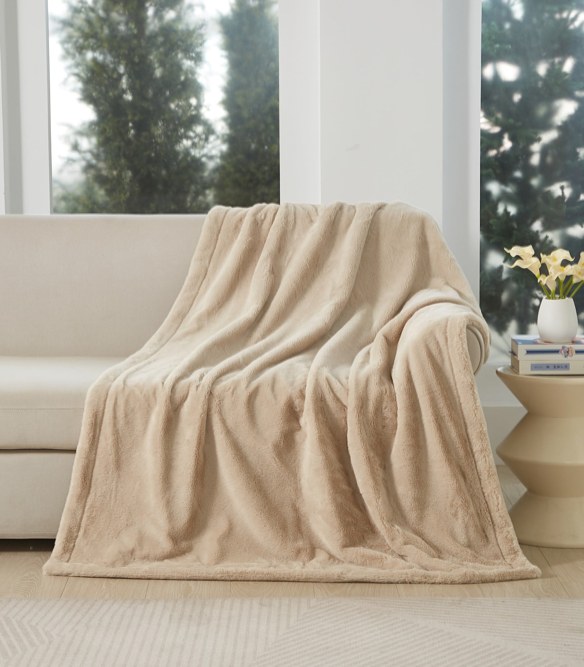 Cozy Haven Oversized Faux Fur Throw Blanket, Soft Beige, 50" x 72"