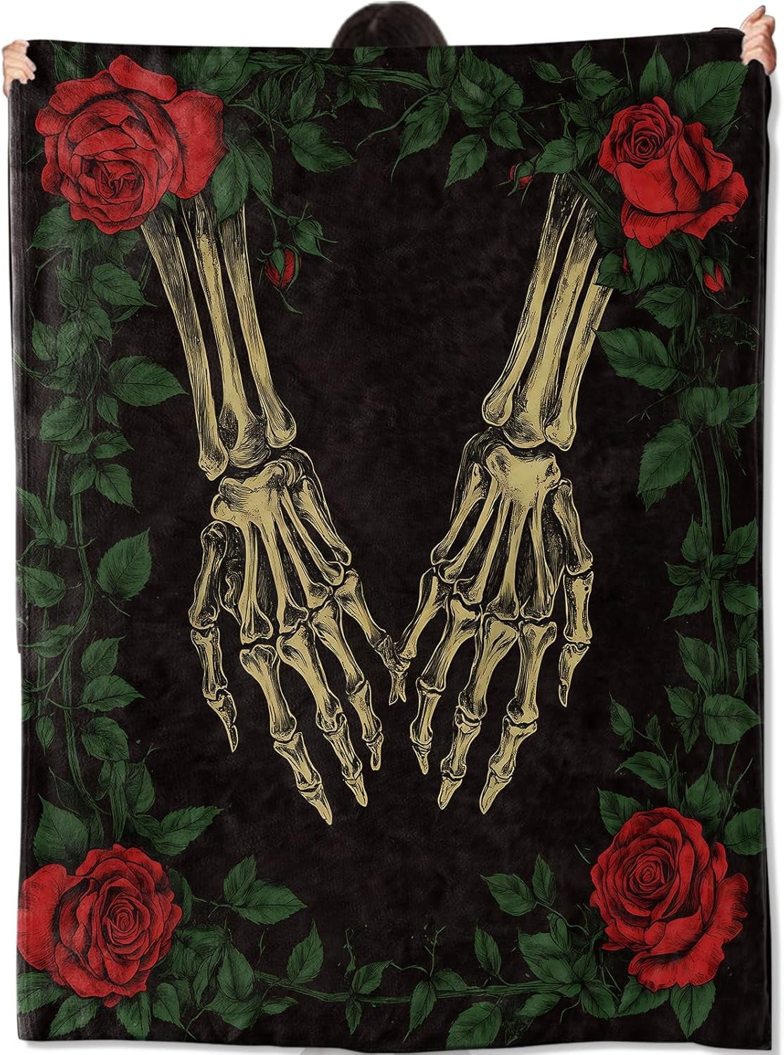 Gothic Skeleton Couple Hands Blanket Gifts for Women Adult Girls,Goth Red Rose Throw Blankets,Soft Comfy Lightweight for Home Halloween Couch Bed Sofa Decor,Dark Romantic Design 50x60in