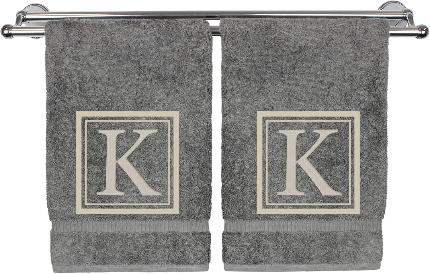 Hand Towel, 16 x 30 Inches Set of 2, Gift- Silver Letter Embroidered with Square Design on Gray Towel - Extra Absorbent - 100% Turkish Cotton - Soft Finish - Initial K