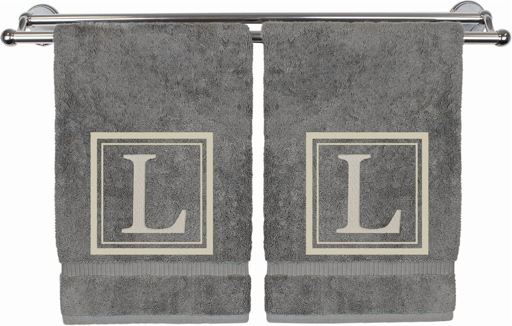 Hand Towel, 16 x 30 Inches Set of 2, Gift- Silver Letter Embroidered with Square Design on Gray Towel - Extra Absorbent - 100% Turkish Cotton - Soft Finish - Initial L