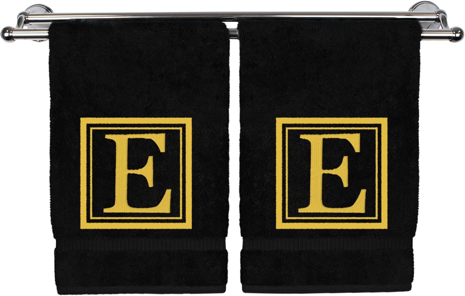 Hand Towel, 16 x 30 Inches Set of 2, Gift- Letter Embroidered with Square Design on Black Towel - Extra Absorbent - 100% Turkish Cotton - Soft Finish - Initial E